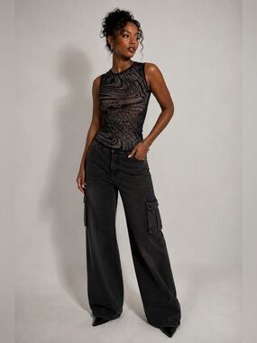 I Am Gia Mesh Velvet Animal Print Top XS
